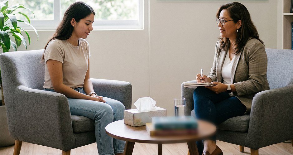 Atendimento de psicologia em uma sala de escuta, com poltronas e uma mesa de centro entre o profissional e quem é atendido